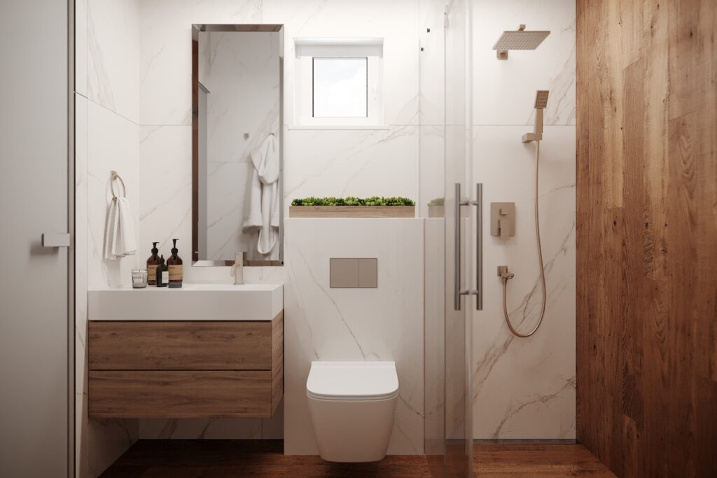 Luxury bath with wood accents, wall hung toilet and luxury finishes