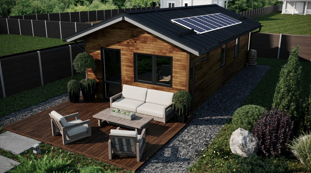 small, eco-friendly home with solar panels and deck