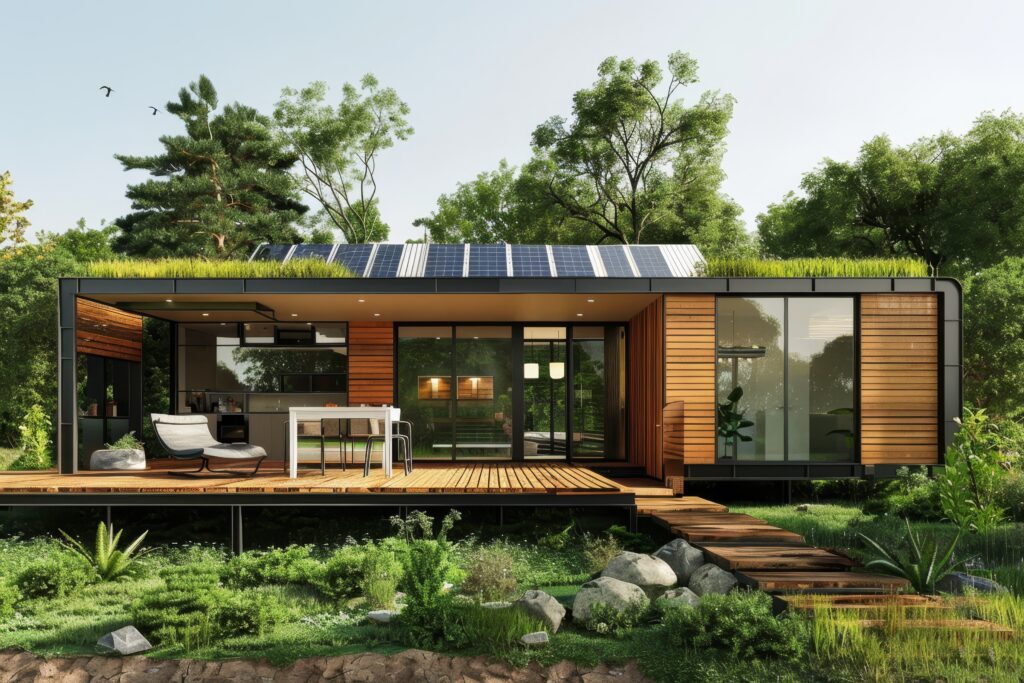 sustainable house in woods with solar