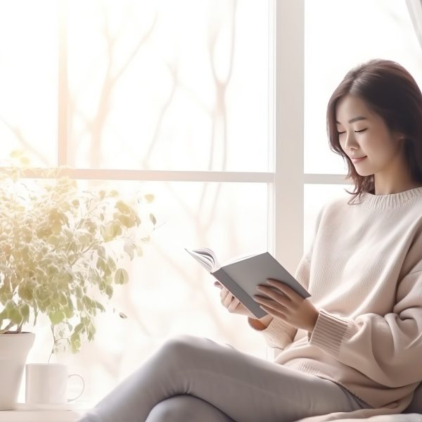 A woman is resting and reading a book